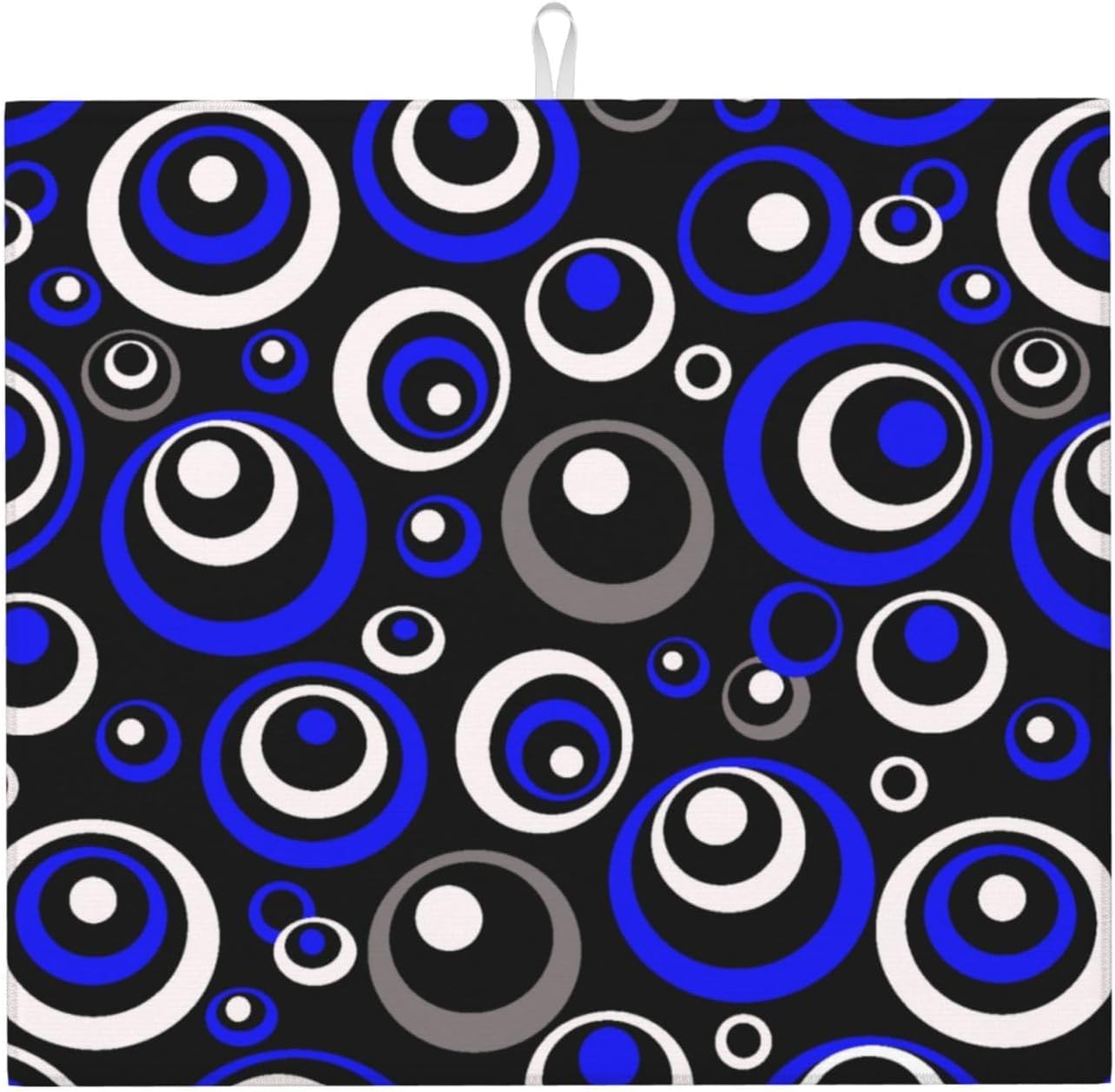 Blue Black White Geometric Circle Dish Drying Mat for Kitchen Counter, 16" x 18" Absorbent Microfiber Drying Pad for Dishes, Modern Decor Kitchen Mat, Foldable, for Sink, Dining Area, Small Appliances