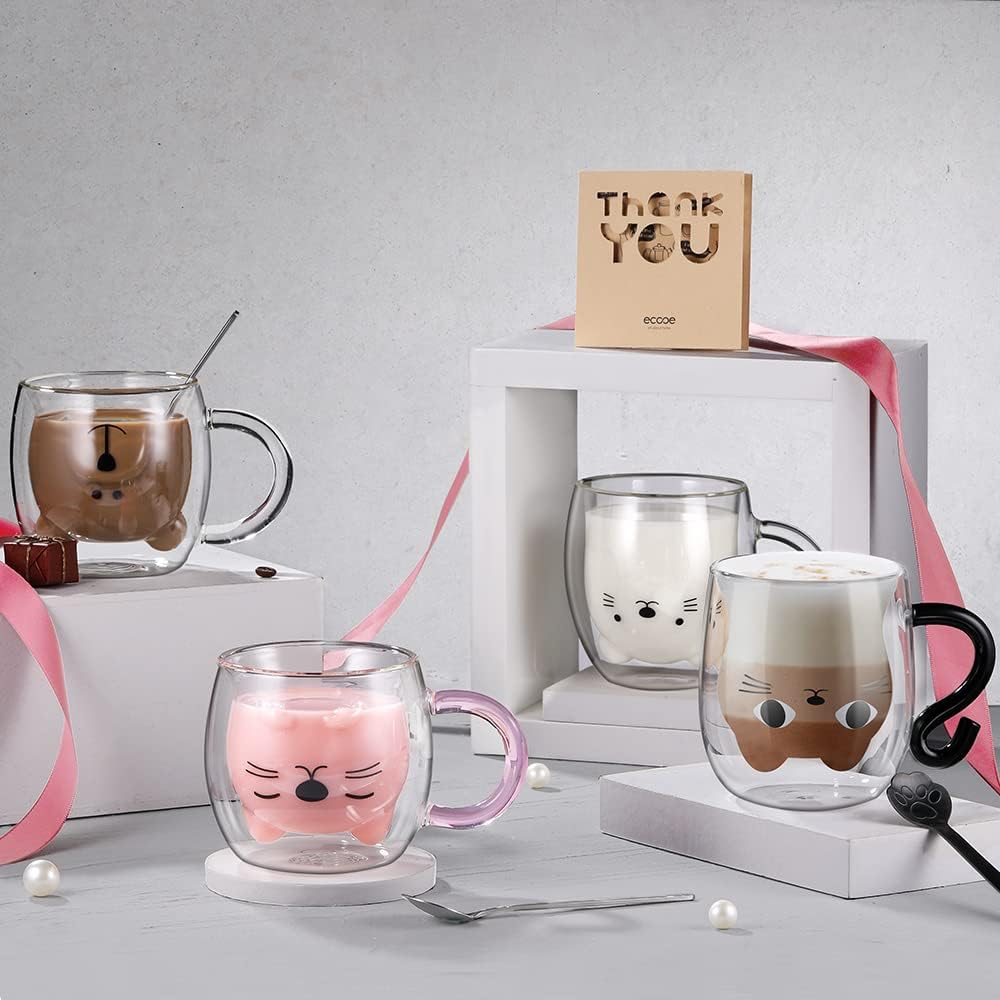 ecooe Cute Cat Mug Glass Coffee Cup 9.8oz Double Walled Glass Mug Cappuccino Latte Glass Cup with Handle Spoon, Milk Tea Cat Cup Birthday Christmas Valentine's Day Gifts for Women Girls Kids Friends