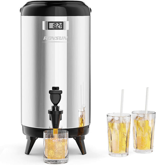 ROVSUN 3.2 Gallon Insulated Beverage Dispenser, Stainless Steel Hot and Cold Drink Dispenser, Ice and Hot Drink Server w/Spigot, Hot and Cold Beverage Server for Coffee, Tea, Milk & Juice