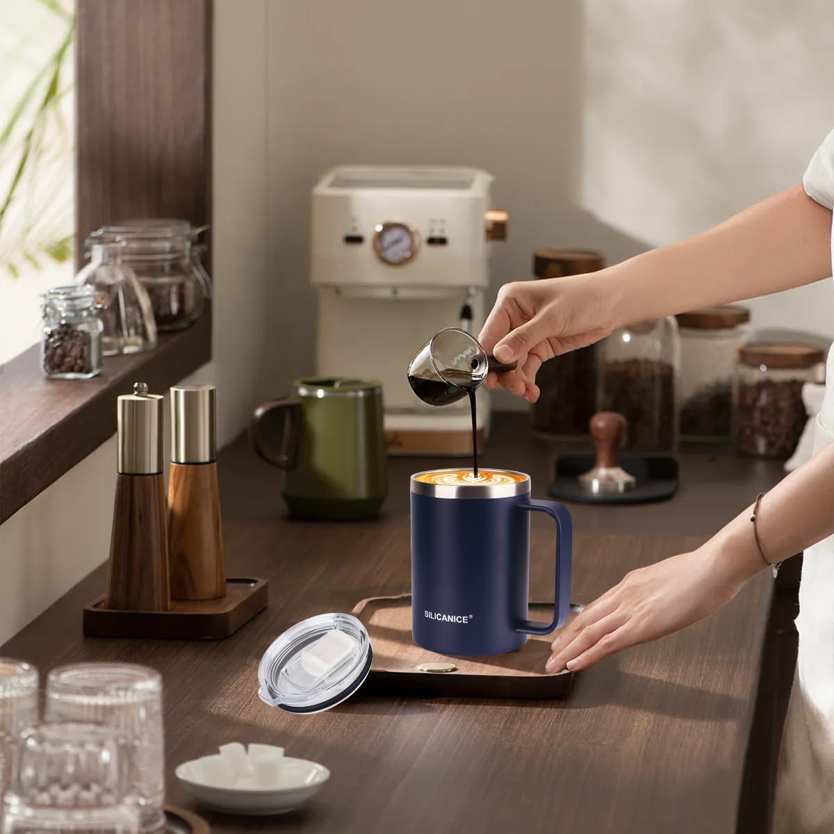 14 oz Stainless Steel Vacuum Insulated Tumbler with handle & MacSlider Lid, Dishwasher Safe & Spill Proof Coffee Cup, Travel Mug for Hot/Cold Drinks, Durable Design - Navy