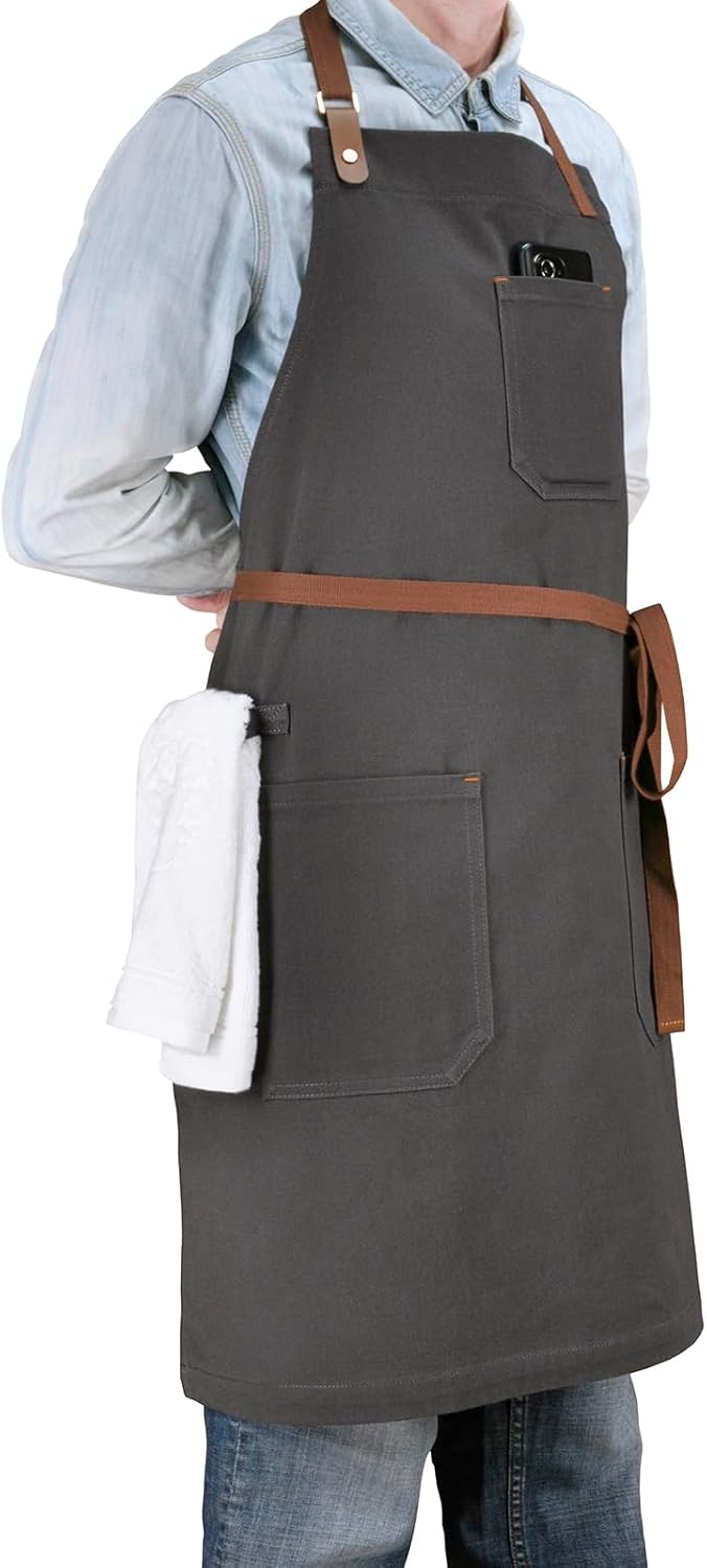 Professional Chef Apron for Men Women with Pockets, Bib Apron for Cooking Kitchen Grill BBQ, with Towel Loop and Adjustable Neck Strap (Dark Grey)