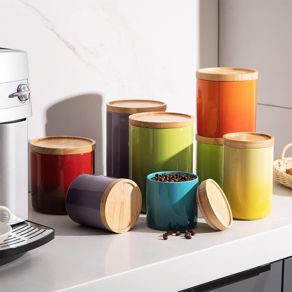 Sweejar Ceramic Food Storage Jar, Stackable Kitchen Canisters, Containers with Airtight Seal Wooden Lid for Serving Coffee Bean, Flour, Tea, Cookies, Spice and More - 58 Fl Oz (Gradient Blue)
