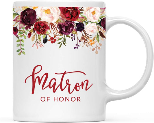 Andaz Press 11oz. Wedding Ceramic Coffee Tea Mug Gift, Fall Autumn Marsala Burgundy Flowers Roses Florals, Matron of Honor, 1-Pack, Includes Gift Box