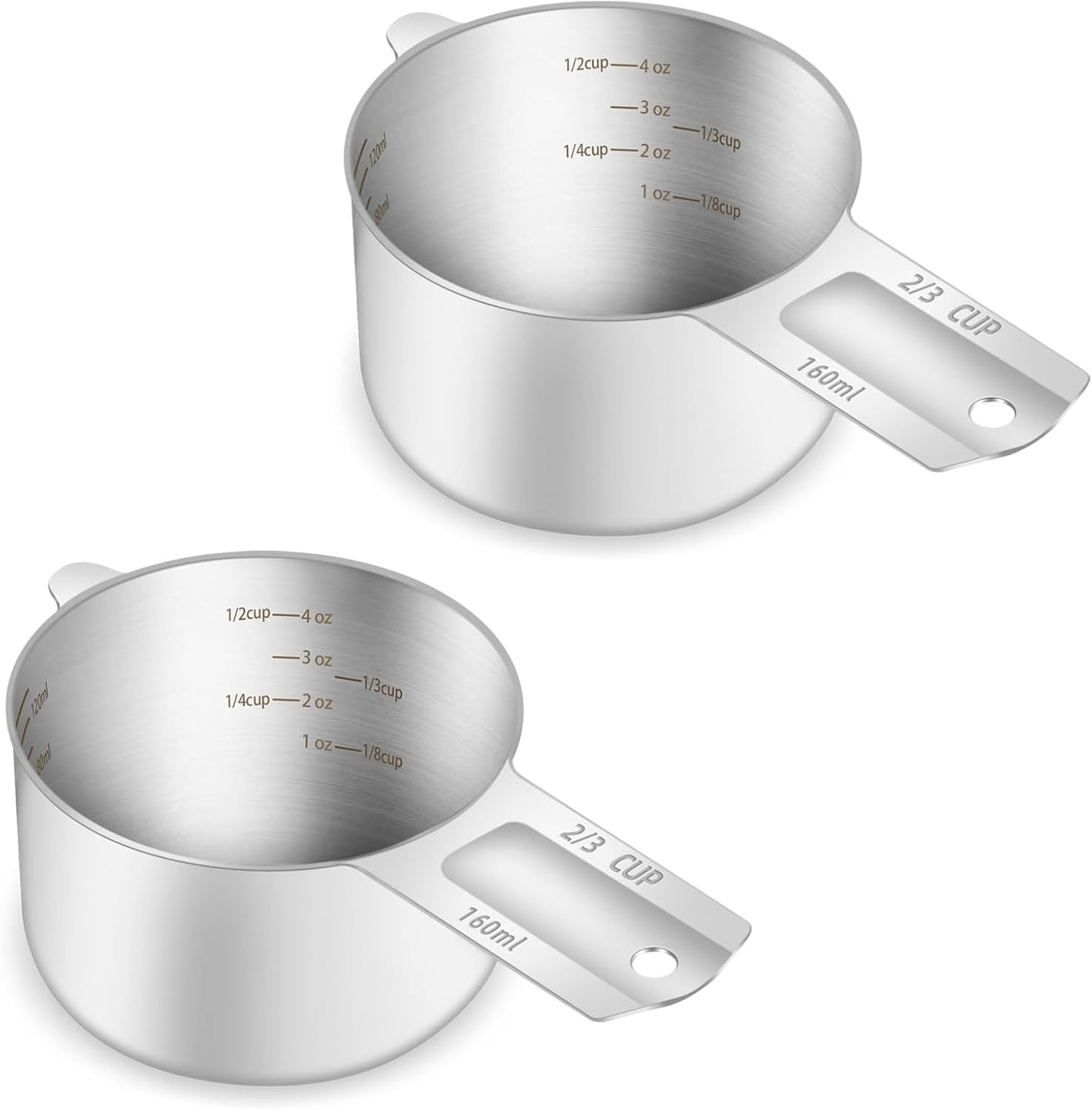 2PCS 2/3Cup (160ml, 5.3oz) Single Measuring Cup, Etched Inner Scale Stainless Steel Measure Scoop, Metric and US Measurement, Dishwasher Safe