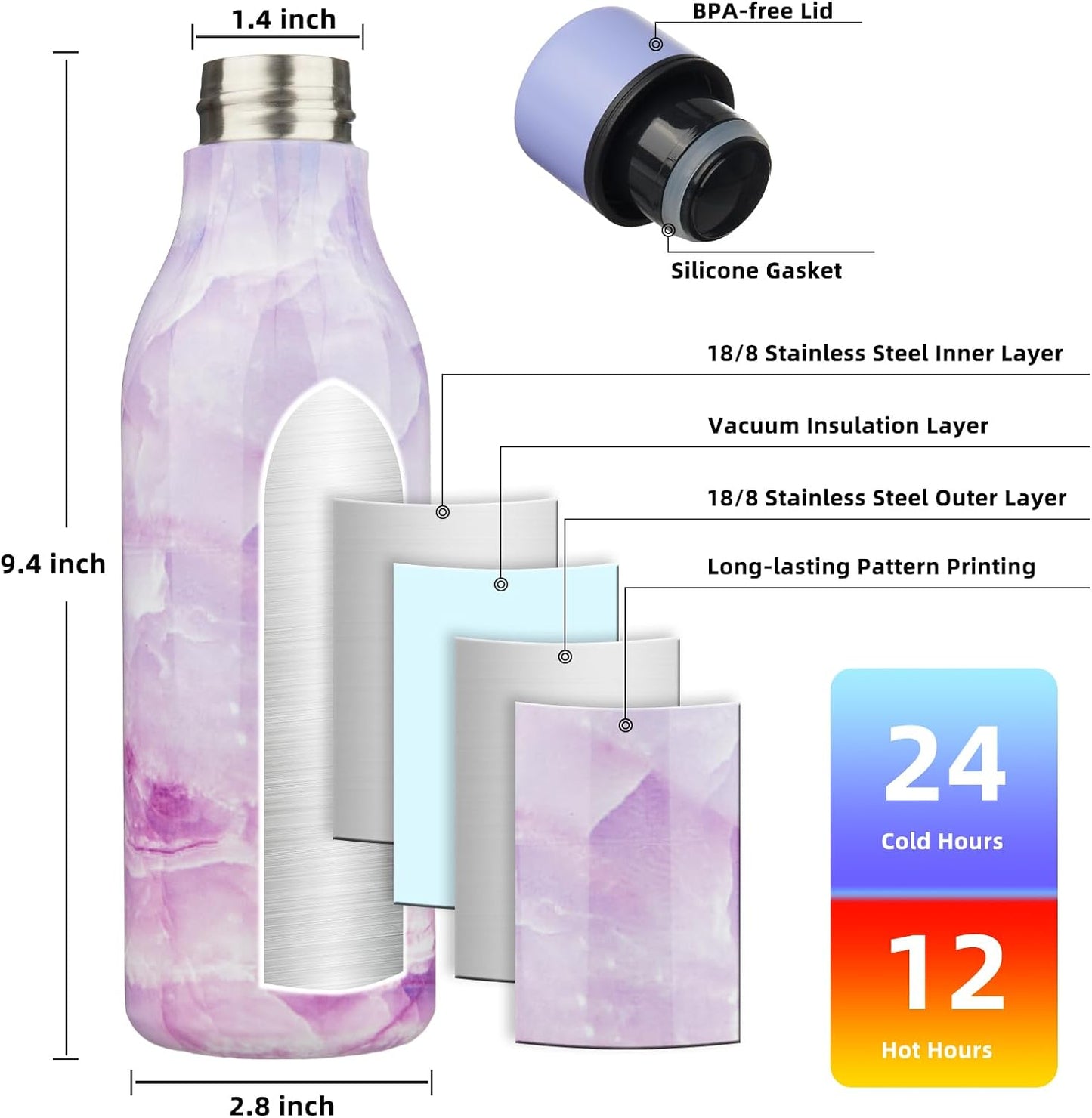 BJPKPK Insulated Water Bottles, 18 oz Stainless Steel Metal Water Bottle with Strap, BPA Free Leak Proof Thermos, Mugs, Flasks, Reusable Water Bottle for Sports & Travel, Dawn