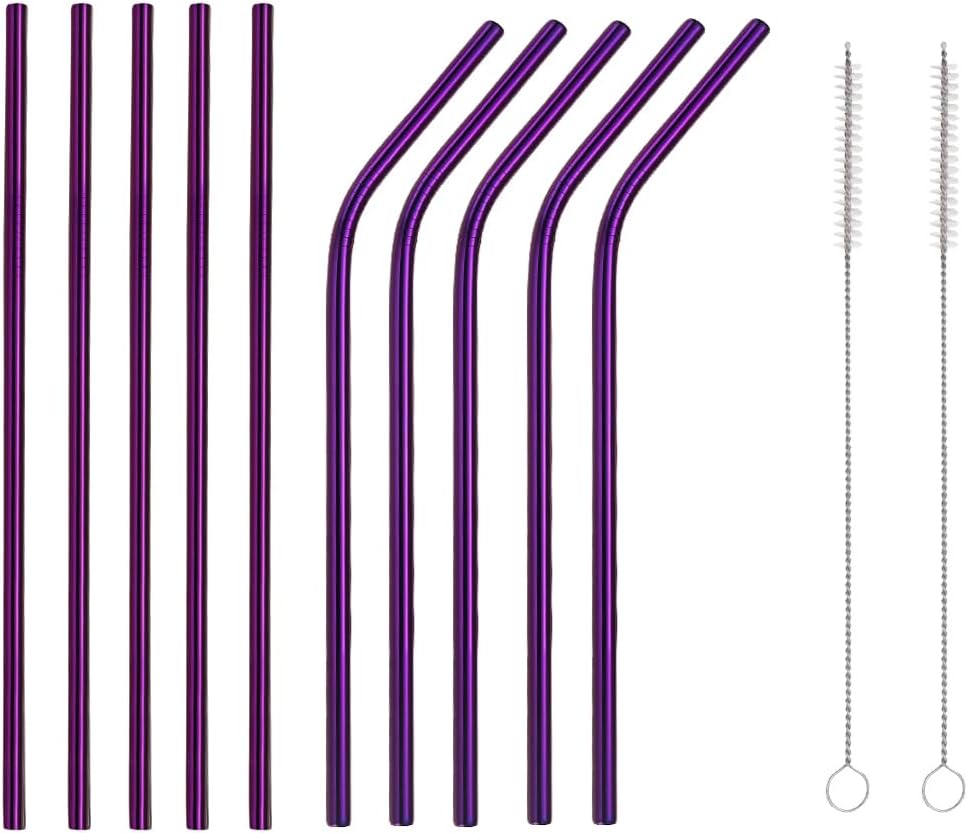 10 Pcs Stainless Steel Straws, Reusable Drinking Straws, 5 Straight + 5 Bent Metal Straws Set With 2 Pcs Cleaning Brushes (Purple, 10.5 Inch)