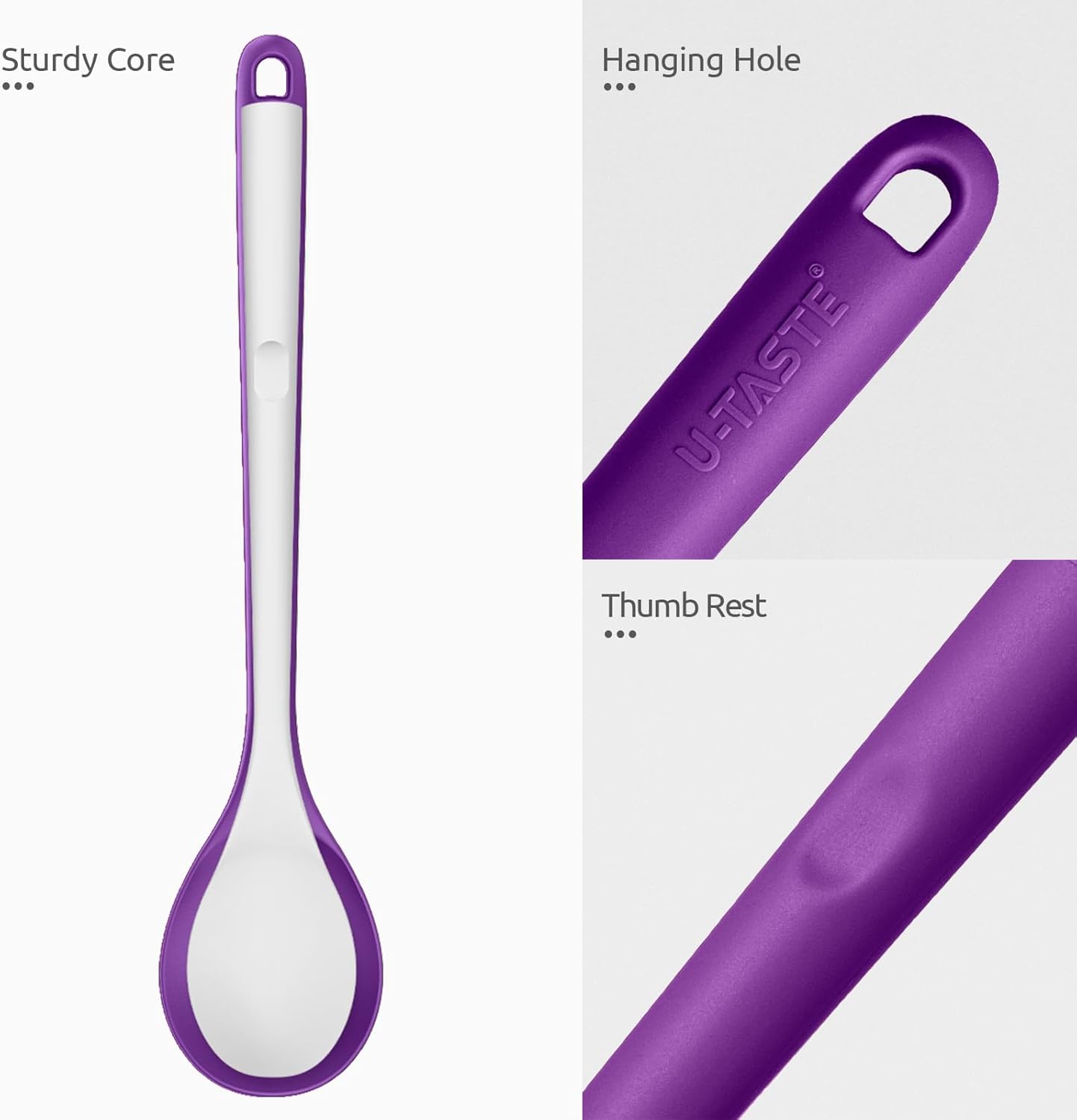 600ºF Heat Resistant Silicone Spoon: U-Taste 13.3in Solid Kitchen Cooking Spoon, Nonstick Food Grade Large & Long Soup Rubber Utensil for Mixing, Serving, Stirring, Basting, for Pot Cookware (Purple)