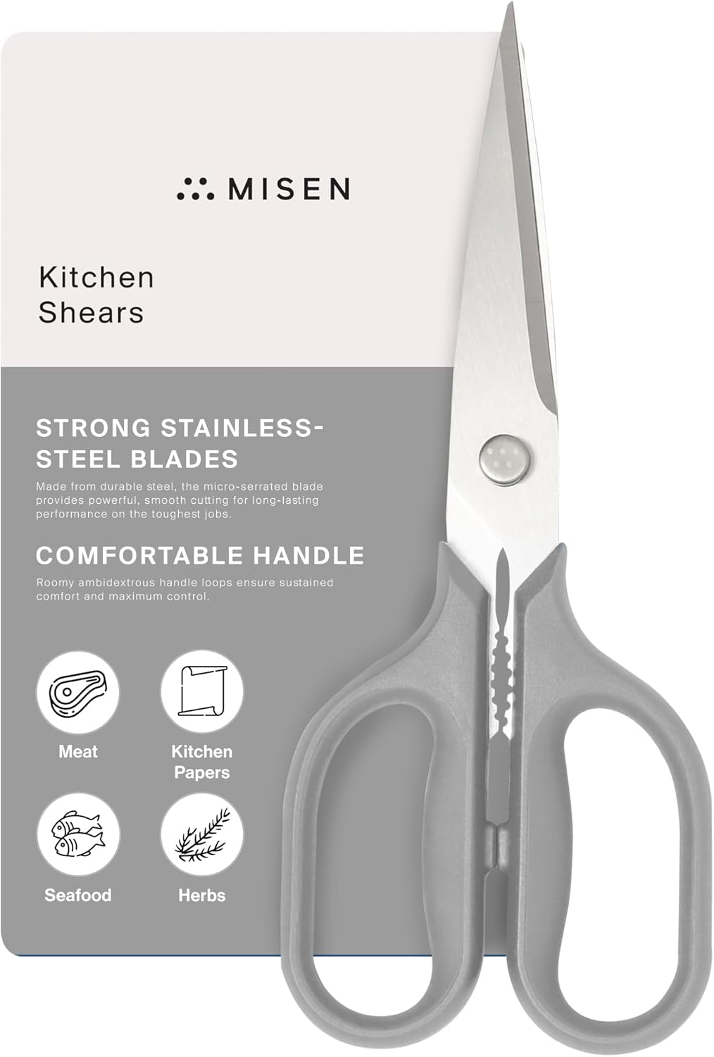 Misen Heavy Duty Kitchen Shears - Stainless Steel, Versatile and Easy Clean Scissors for Meat, Herbs and Veggies - Ambidextrous Comfort Handle - Professional Grade - Gray