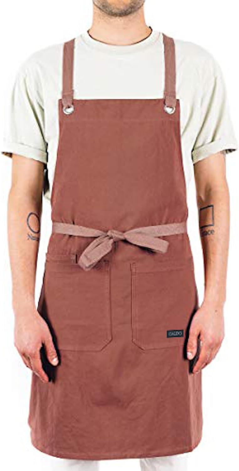 Caldo Crossback Kitchen Apron for Cooking - Mens and Womens Professional Chef or Server Bib Apron - Adjustable Crossback Style - Rustic- Midweight Cotton (Terracotta)