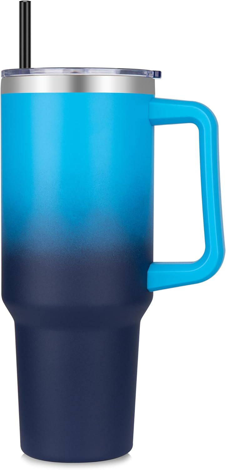 DOMICARE 40 oz Tumbler with Handle and Straw, Stainless Steel Tumbler with Lid and Straw, Reusable Vacuum Insulated Cup, Travel Coffee Mug, Blue Gradient, 1Pack