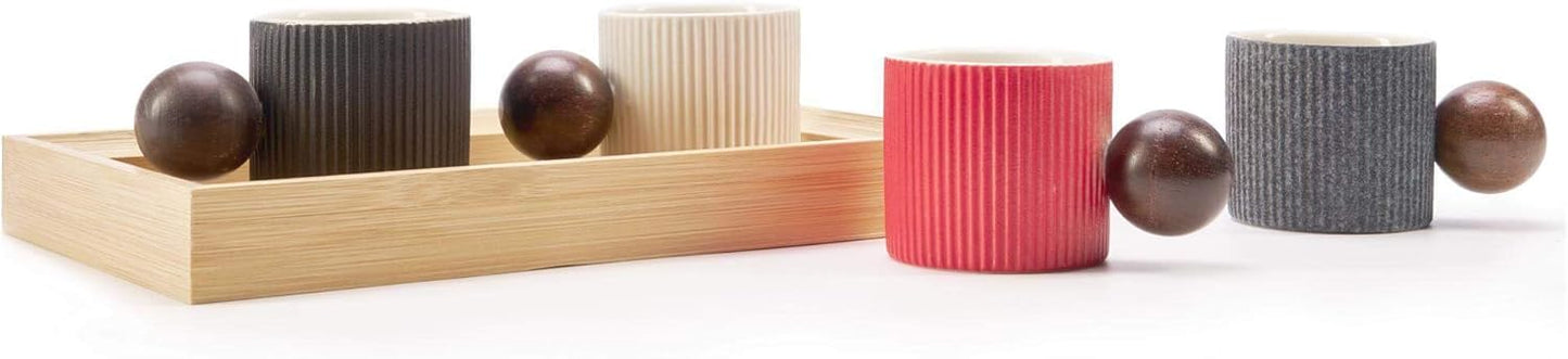 Ceramic Mini Espresso Cups Demitasse Cups with Round Wooden Handle Vertical Stripes Tea Cups (white, 4pcs)