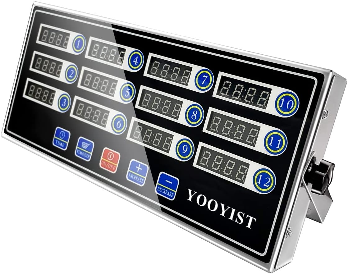 Commercial Kitchen Timers 12 Channel Stainless Steel LED Digital Timer Reminder Function, Loud Alarm, Black