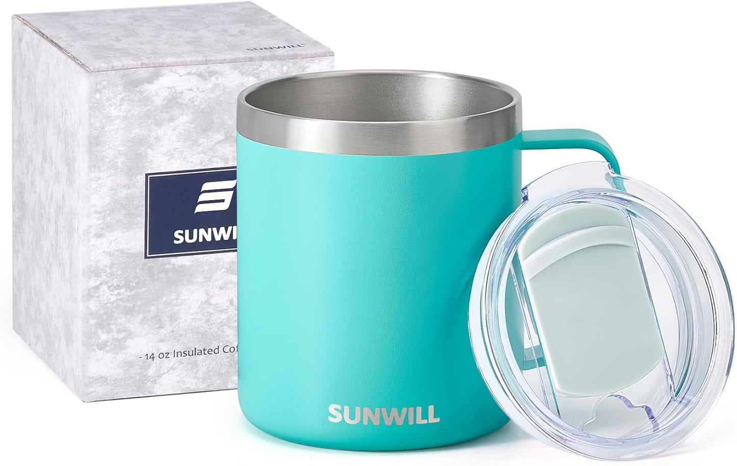 SUNWILL Insulated Coffee Mug with Lid, Travel Tumbler with Handle, 14 oz Stainless Steel Cup for Camping, Office, Home, Powder Coated Teal