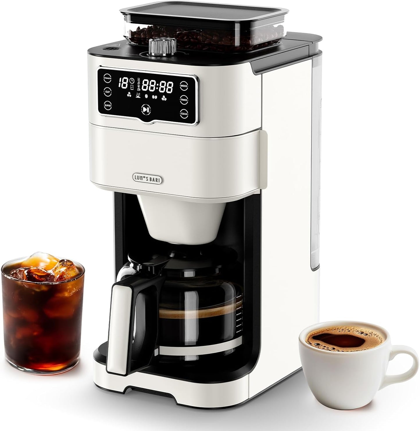 Drip Coffee Maker with Built-in Grinder, 10-Cup Programmable Brew Coffee Machine with Timer, Touch Screen, Self-Cleaning, Reusable Filter, 1.5L Removable Water Tank, Warming Plate, White