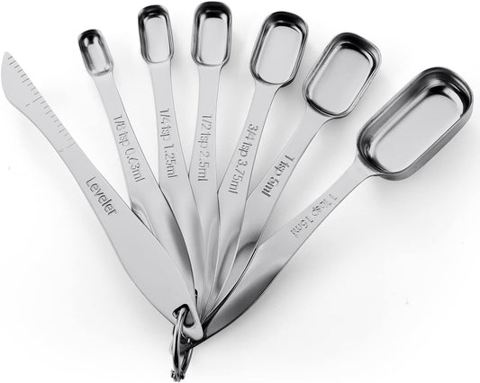Spring Chef Stainless Steel Measuring Spoons Set of 7 with Leveler, Rectangular Metal Teaspoon & Tablespoon Measuring Spoons for Dry & Liquid Ingredients - Nesting Kitchen Gadgets For Baking & Cooking