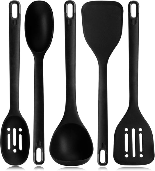 Silicone Kitchen Cooking Utensils Set: MOACC Heat Resistant 13inch Long Kitchen Gadgets, BPA Free Non Stick Rubber Cook Accessories For Food Prep, Frying, Serving, Basting (Black)