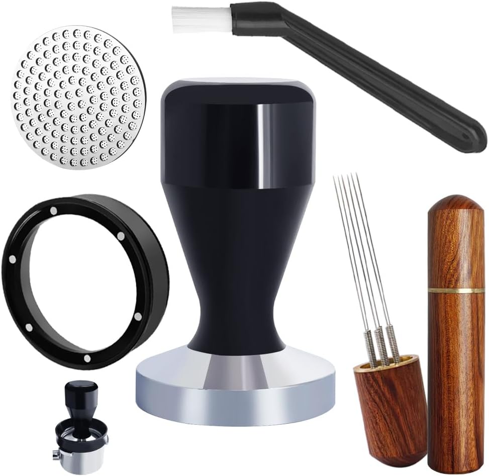 51mm Espresso Tamper Set, 5PCS Coffee Tamper Kit with WDT Tool, Coffee Stirrer, Dosing Funnel, Puck Screen 51mm Espresso Accessories Tampers Kit (Black)