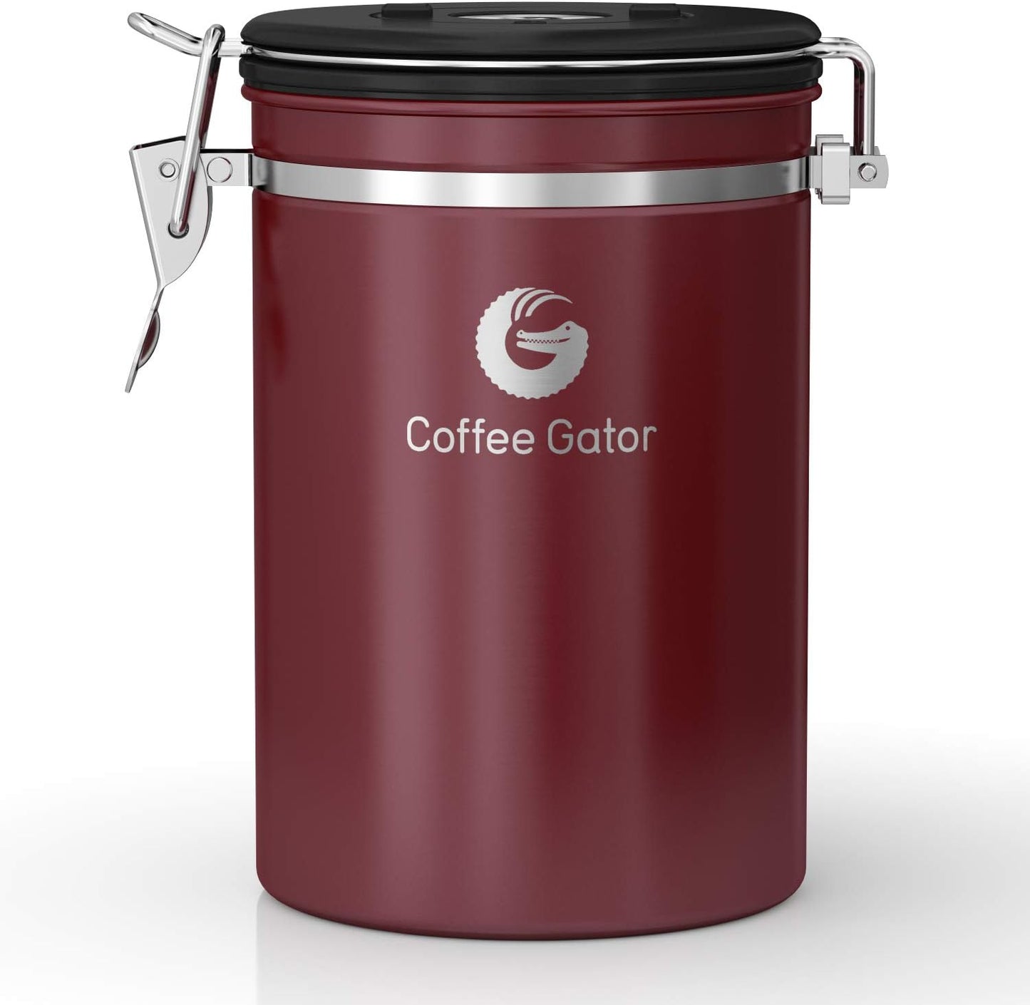 Coffee Gator Coffee Canister, 22oz Airtight Stainless Steel Kitchen Food Storage Container with Date Tracker, Valve, Scoop for Sugar, Grounds, Beans, Tea, Sugar, Cereal, Flour, Cookies Jars - Red
