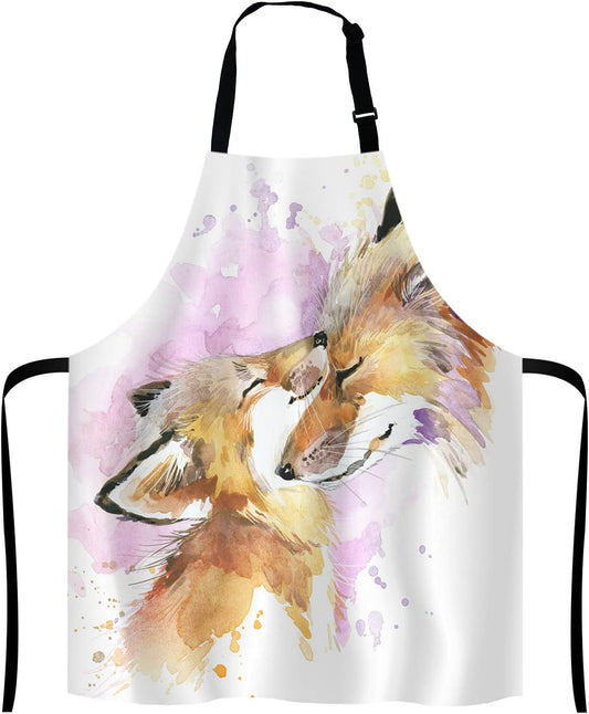 Watercolor Fox and Baby Fox Kitchen Cooking BBQ Chef Apron,Funny Apron for Men, Women - Dad Presents, Presents for Men - Birthday, Mothers Day Presents for Mom, Wife, Husband, Brother, Friends