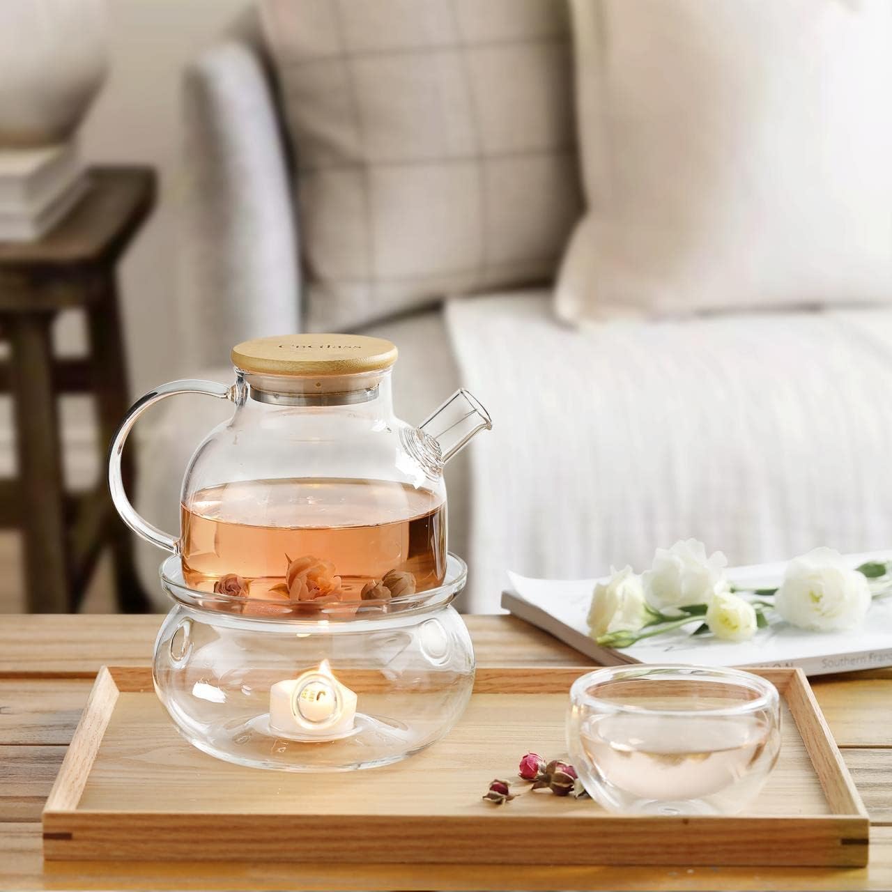 CnGlass Universal Glass Teapot Warmer,Handcrafted with Heat Proof & Lead-Free Glass Tealight Warmer 5.3 in/13.5cm diameter (Candle not Included)