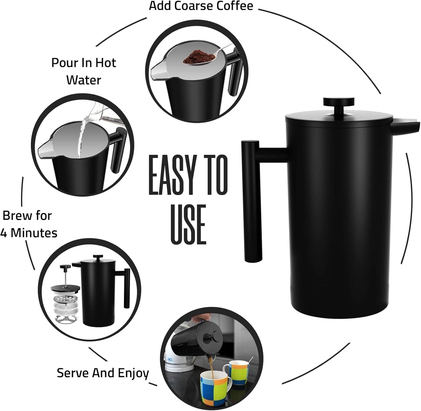 Utopia Kitchen Stainless Steel French Press Coffee Maker 12 Oz, French Press Tea Maker, Cold Brew Portable Travel Coffee Presses, Tea Press Gifts Black