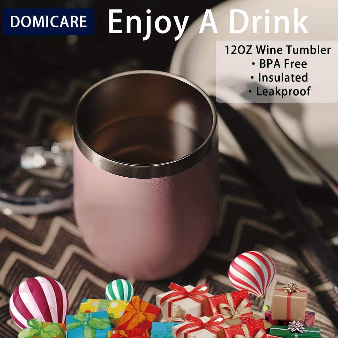 DOMICARE Stainless Steel Wine Tumbler Bulk with Lid, Personalized Insulated Tumblers Set, 12oz Travel Coffee Cups Pack of 16, Pink