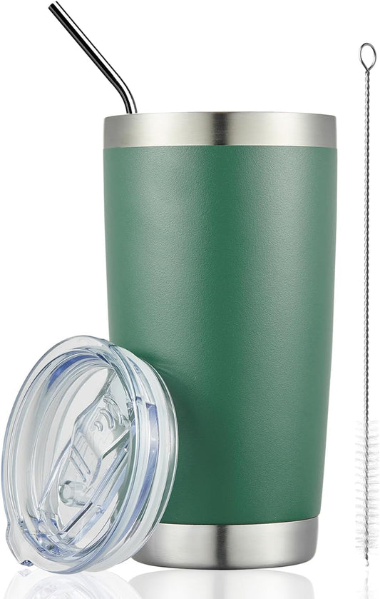 COMOOO 20oz Double Wall Vacuum Insulated Travel Mug, Stainless Steel Tumbler with Lid and Straw Durable Powder Coated Insulated Coffee Cup for Cold & Hot Drinks（Dark Green, 1 Pack）