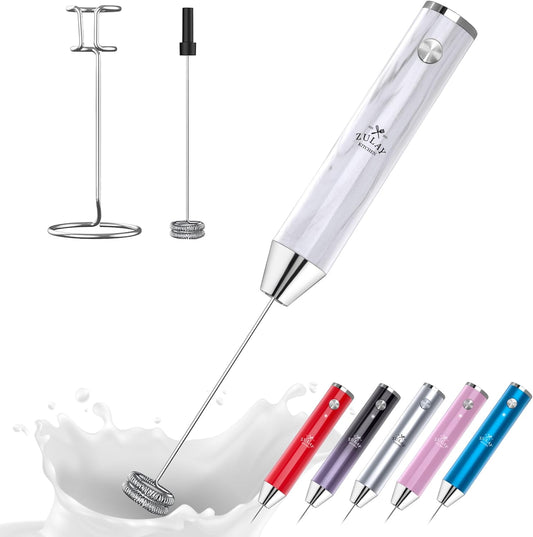 Zulay Kitchen Lux Rechargeable Milk Frother Handheld - Powerful 2-Speed Motor, Fully Waterproof, 2000mAh Battery - Drink Mixer For Latte, Cappuccino, Matcha, Protein Powder - White Marble