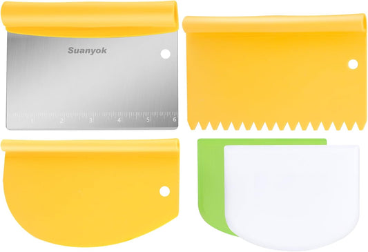 Bench Scraper Food Vegetable Chopper,Stainless Steel Pizza Dough Scraper-Flexible Plastic Bowl/Cake Scraper 5-Piece Set,Bread/Pastry/Pizza/Flour/Cheese Cutter (Yellow)