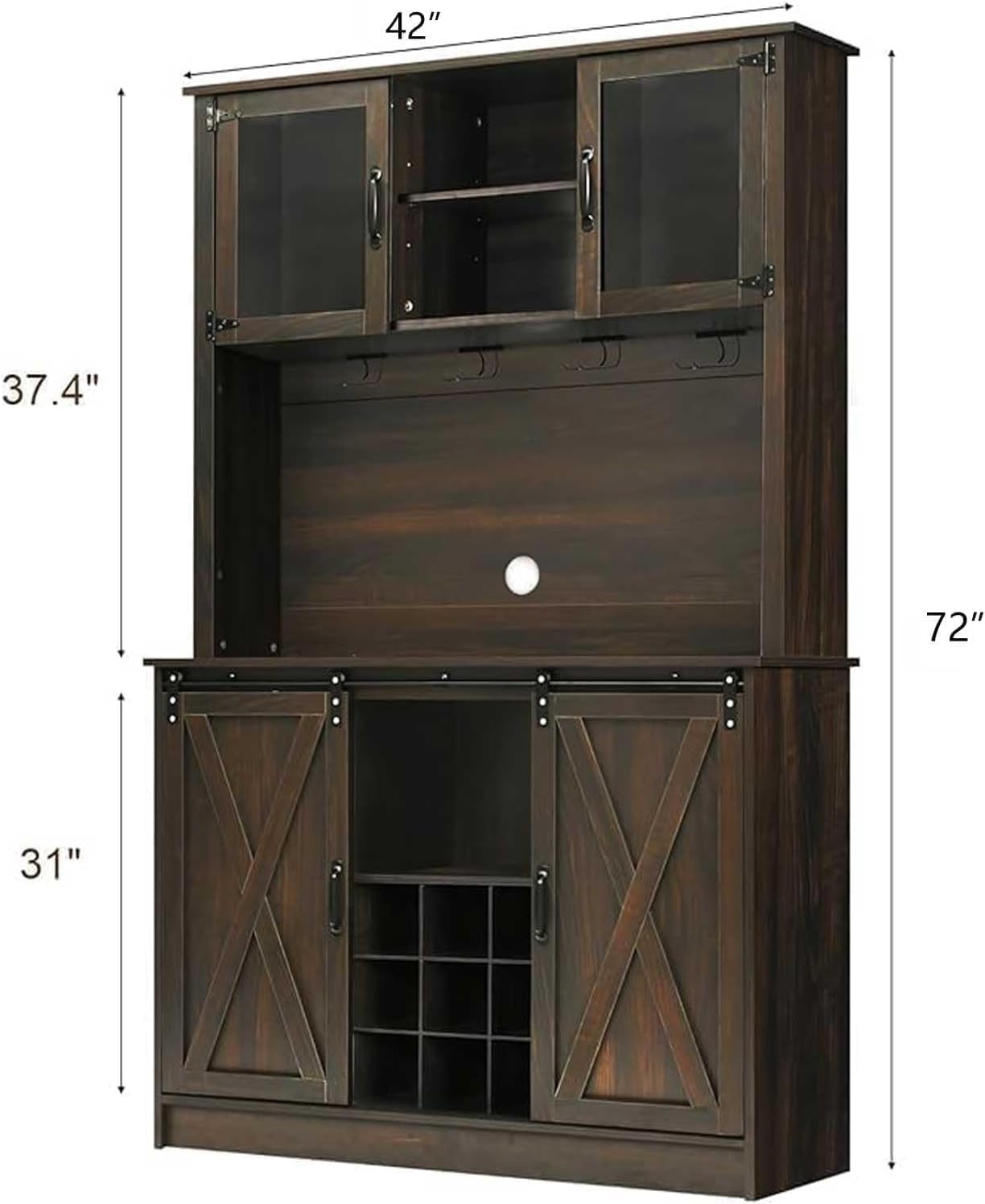 4ever2buy Farmhouse Coffee Bar Cabinet with 4 Mug Hooks, 72 Inch Wine Bar with with Hutch and 2 Sliding Barn Doors, Tall Coffee Bar with 9 Wine Racks for Living Dining Room, Dark Oak