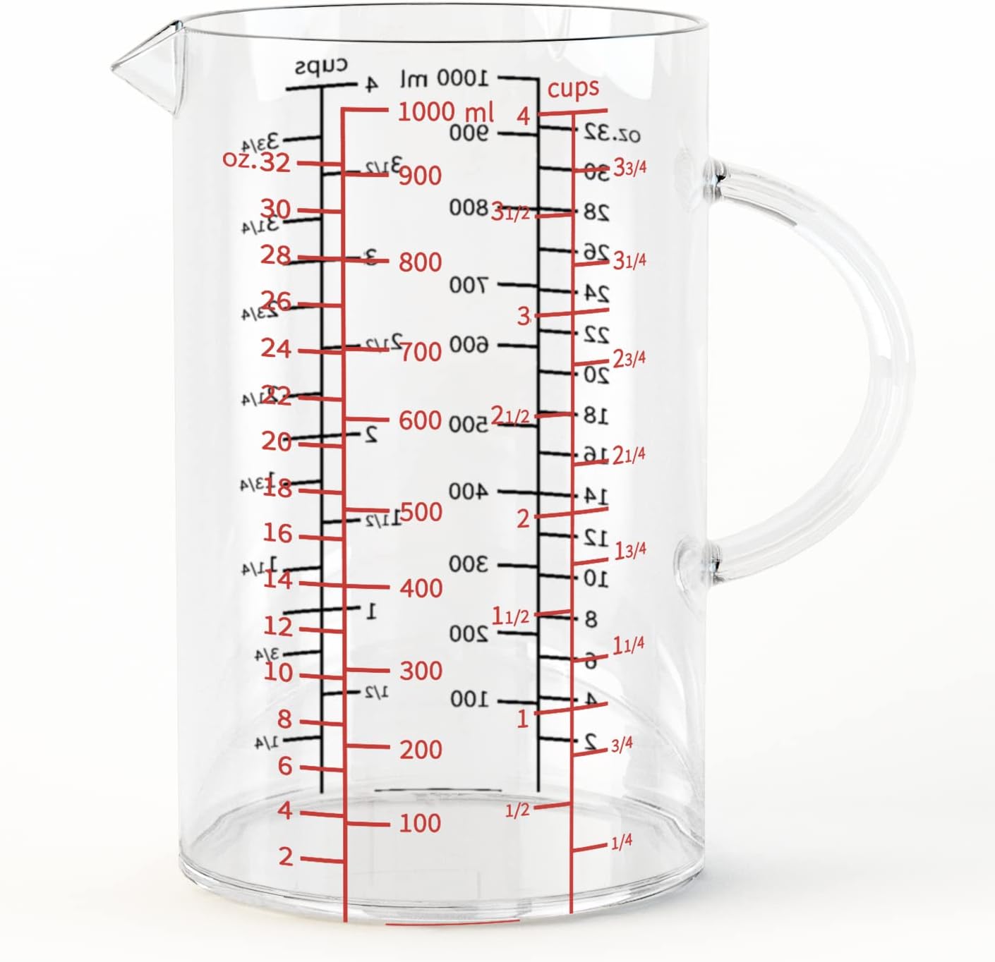 77L Glass Measuring Cup, [Double-Sided Measuring Scale, Insulated handle, V-Shaped Spout], High Borosilicate Glass Measuring Cup for Kitchen or Restaurant, Easy To Read, 1000 ML (1 Liter, 4 Cup)