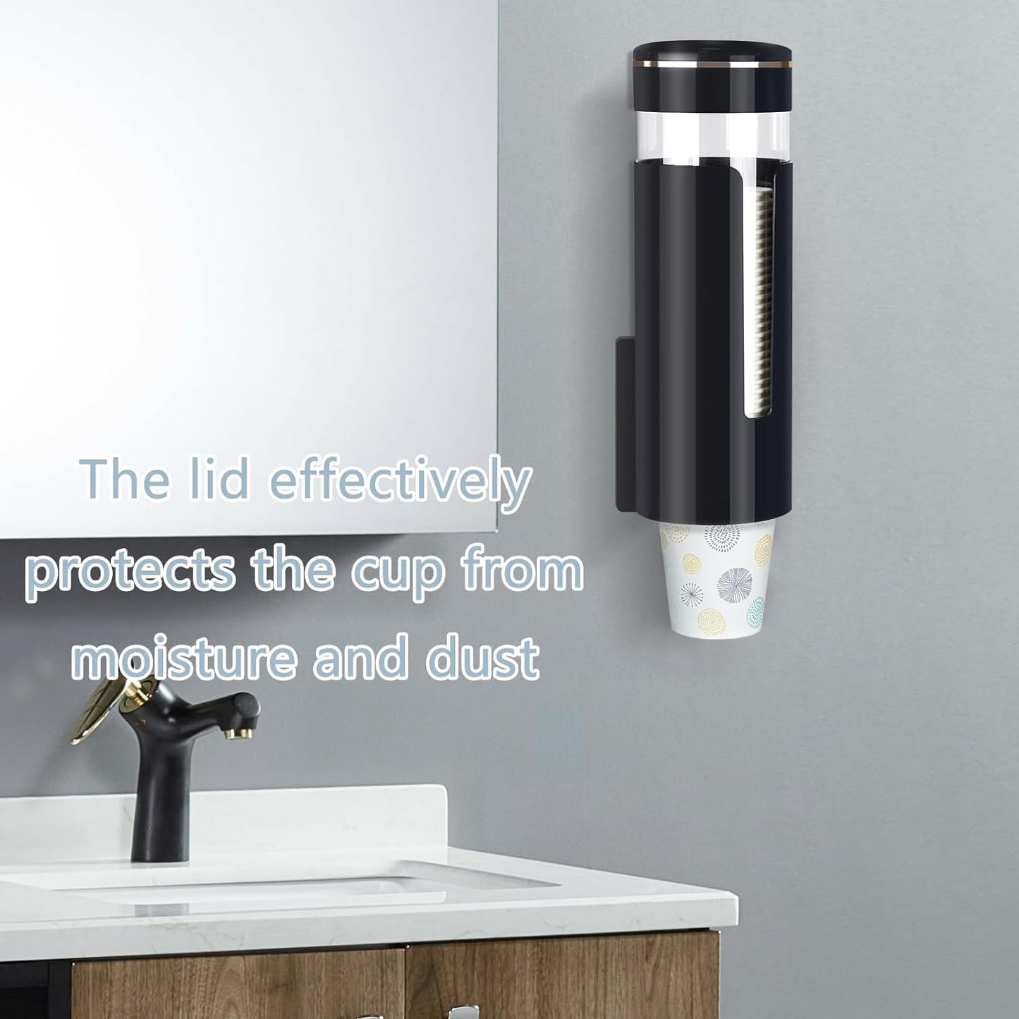 Cup Dispenser, Wall Mount Water Cooler Cup Dispenser fits 4-7 oz Disposable Paper and Plastic Cups, Pull Type Cup Holder for Bathroom, Office, Break Room, Gym, Black