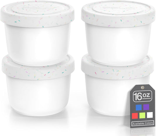 BALCI - 16oz Ice Cream Containers with Silicone Lids (Set of 4) - 1 Pint Each Freezer Food Storage Containers, Reusable, LeakProof, For Homemade IceCream Containers - White with Sprinkles