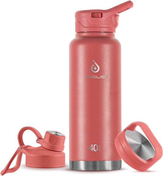 IDEUS Insulated Stainless Steel Water Bottle with 2 Leak-Proof Lids, Thermal Water Flask for Hiking Biking, 40oz, Red