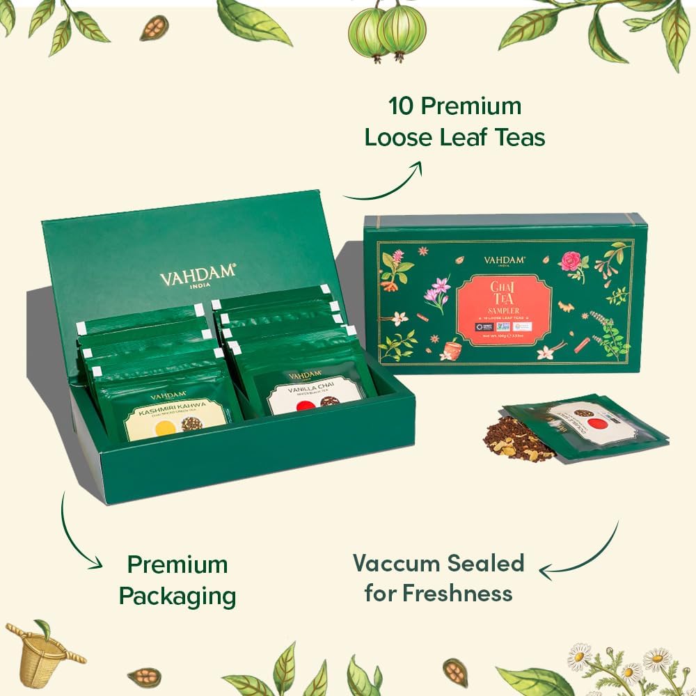VAHDAM, Assorted Chai Tea Loose Leaf Tea Gift Set (10 Flavors) Gift Ideas for Women & Men | Indian Exotic Chai Tea Blends | Resealable Ziplock Pouch | Gifts for Him/Her