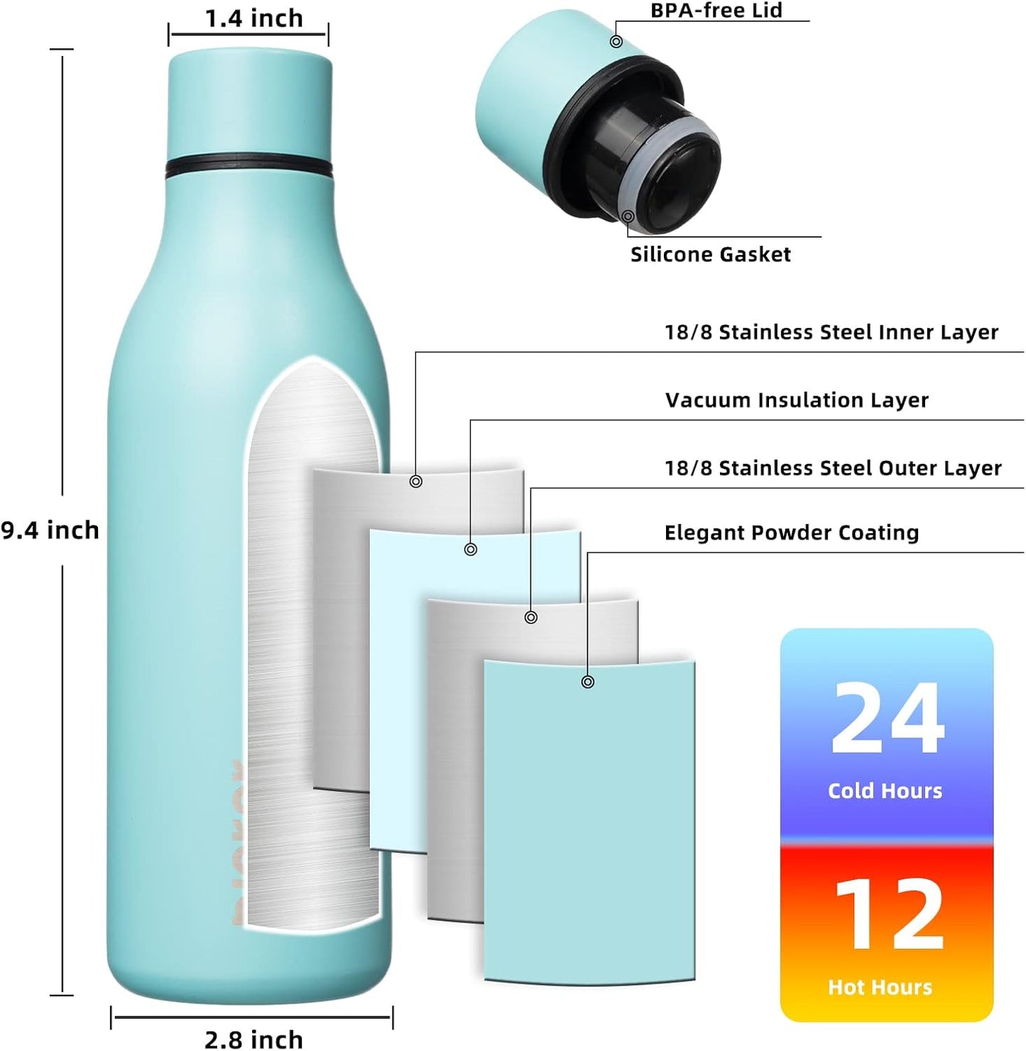 BJPKPK Insulated Water Bottles, 18 oz Stainless Steel Metal Water Bottle with Strap, BPA Free Leak Proof Thermos, Mugs, Flasks, Reusable Water Bottle for Sports & Travel, Turquoise