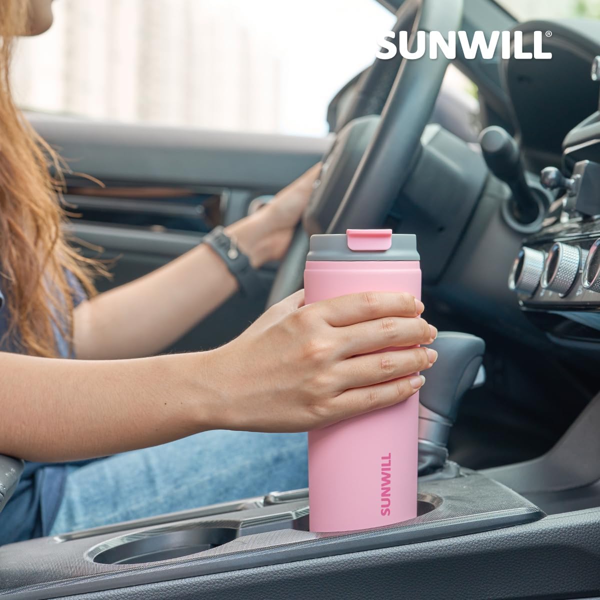 SUNWILL Travel Coffee Mug with Lid, Stainless Steel Coffee Tumbler Cups Leakproof 16 oz, Powder Coated Light Pink