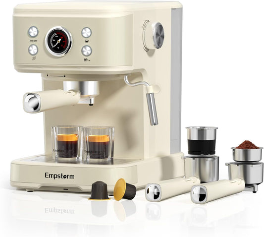 White Espresso Machine with Milk Frother, Cappuccino Machines for Home, Coffee Espresso Machine Suitable for Coffee Powder/NS Original Capsules, Espresso Maker with Thermometer