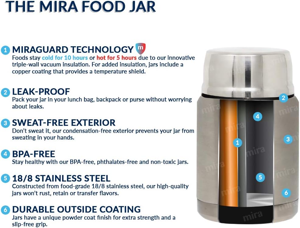MIRA 15 oz Insulated Food Thermos for hot and cold foods - Leak-Proof Stainless Steel Container with Spoon - Pearl Blue