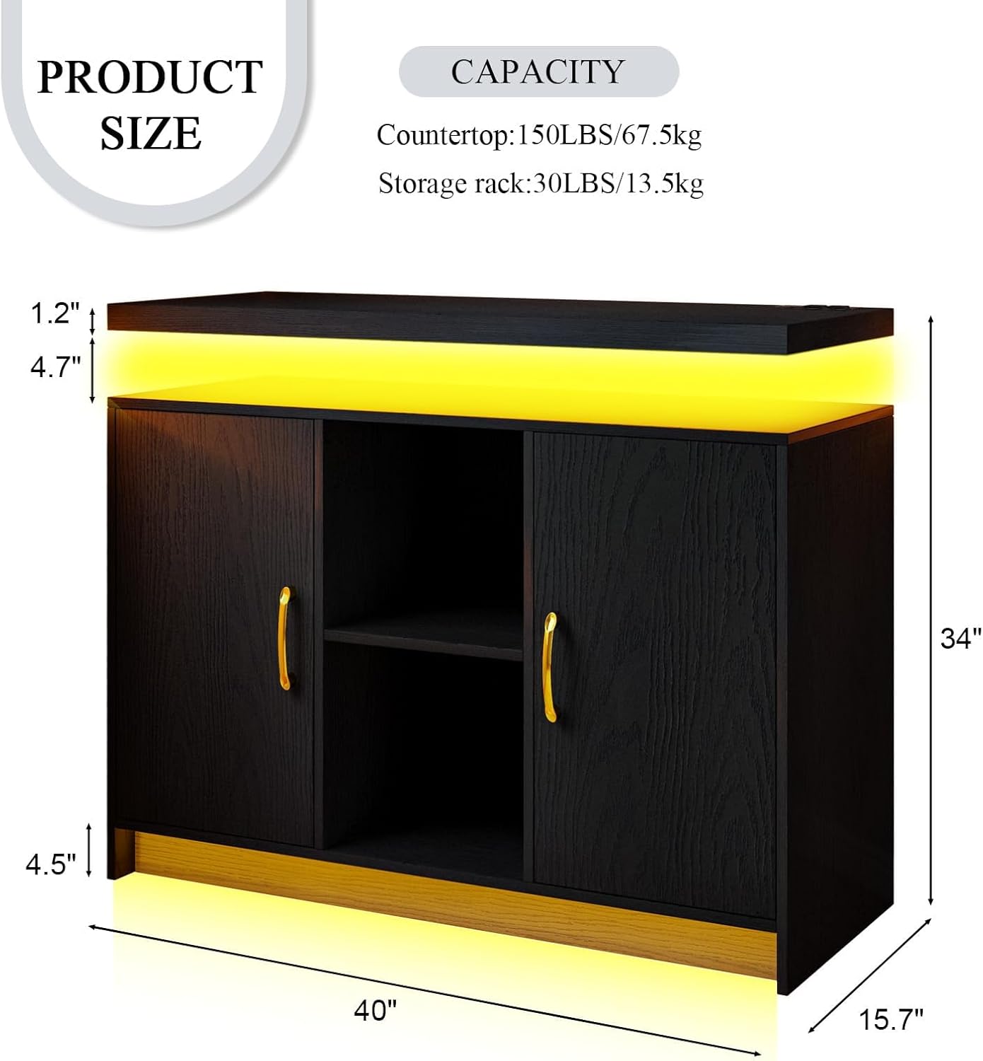 4 EVER WINNER LED Coffee Bar Cabinet, Sideboard Buffet Cabinets with Storage, Modern Cabinet with Charging Station, Black Coffee Bar for Kitchen, Dining Room