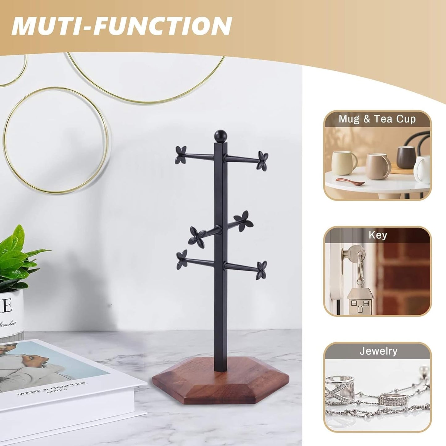 Coffee Mug Holder, Mug Tree for Counter, Cup Holder with 6 Floral Hooks, Wooden Mug Rack, Mug Stand for Counter, Coffee Bar Station Organizer, Black