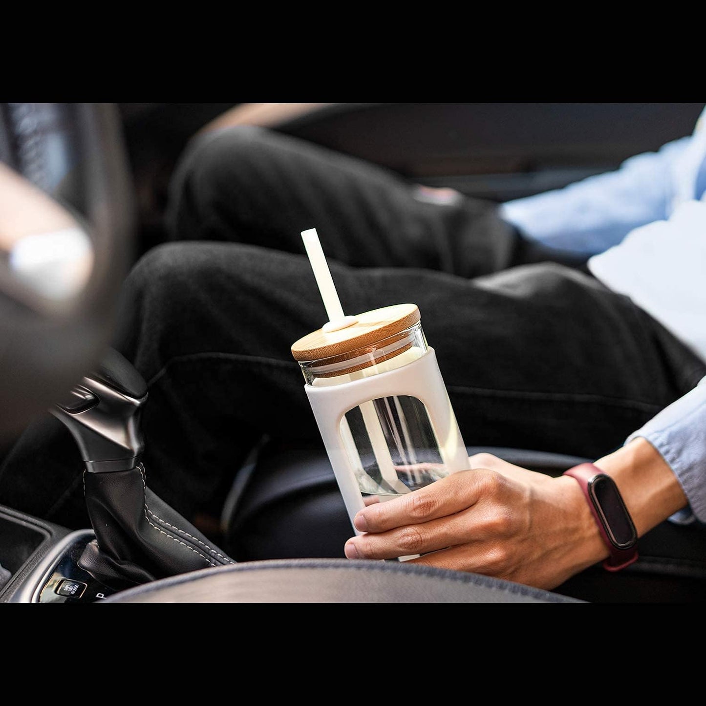 Kodrine 20oz Glass Tumbler with Straw and Lid, Bamboo Lids Water Bottle, Reusable Iced Coffee Cups, Wide Mouth Smoothie Cup with Protective Silicone Sleeve BPA FREE-White-2pack