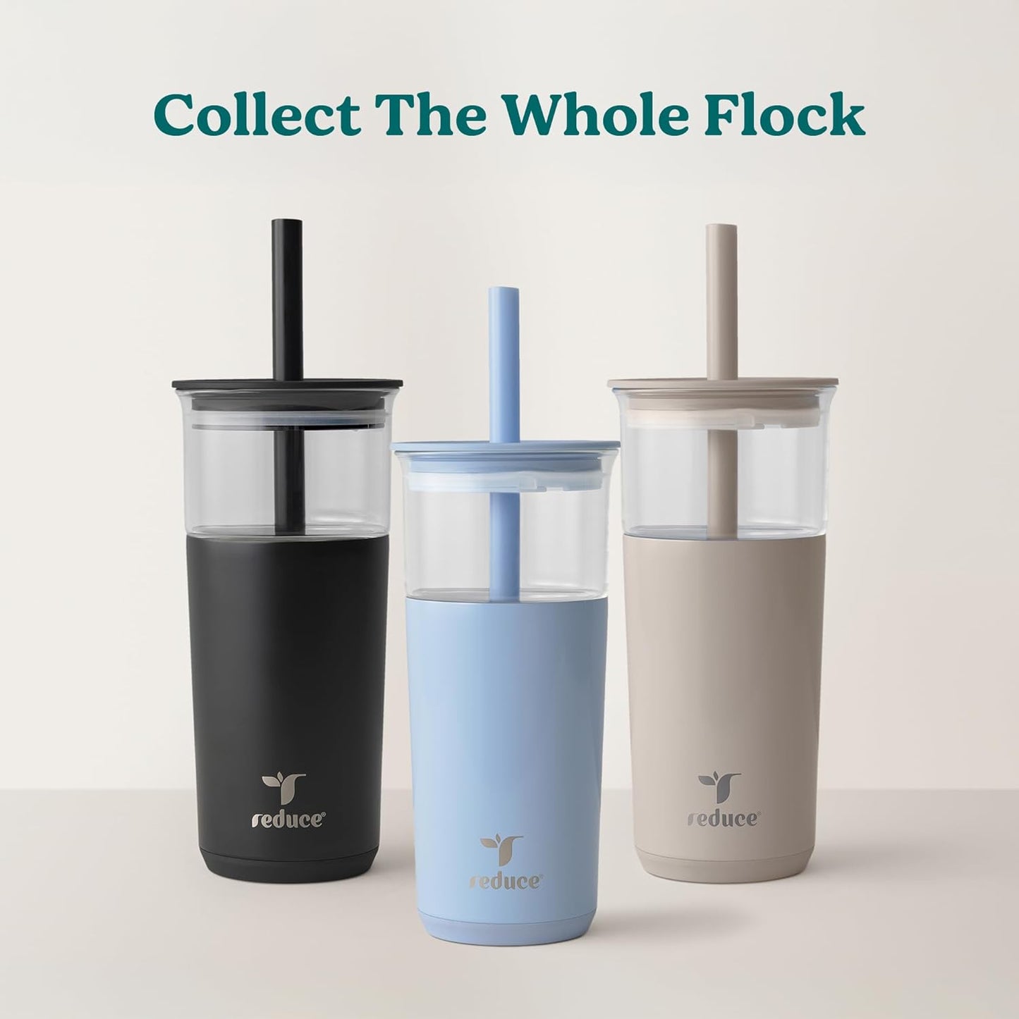 REDUCE Aspen 20 oz Vacuum Insulated Glass Tumbler with Lid & Extra Wide Straw - Keeps Drinks Cold for 12 Hrs - Ideal for Iced Coffee, Smoothies & Boba - Dishwasher Safe, Soft Base - Sand