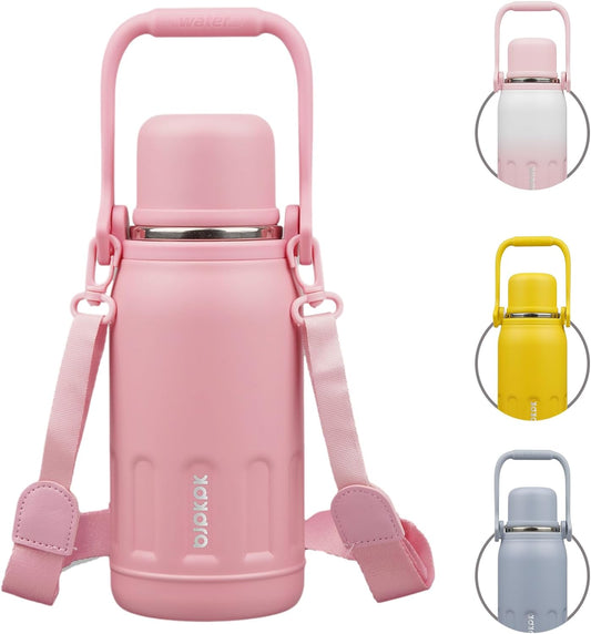 BJPKPK Insulated Water Bottle 27oz Stainless Steel Water Bottles with Handle and Cup Lid Travel Metal Thermos,Light Pink
