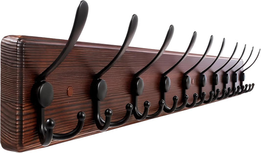 38.6'' Large Coat Rack Wall Mount Coat Hooks Coat Hanger with 10 Metal Black Triple- Hooks Brown Pine Real Wood Plank Hat Rack for Wall Hooks for Hanging Coat Hat Jacket