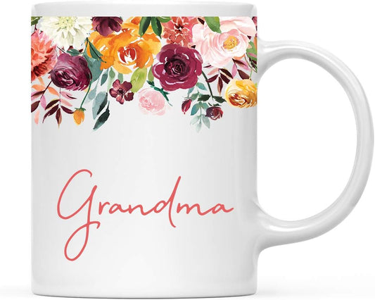 Andaz Press 11oz. Mother's Day Ceramic Coffee Tea Mug Gift, Fall Autumn Burgundy Orange Peach Flowers Roses Florals, Grandma, 1-Pack