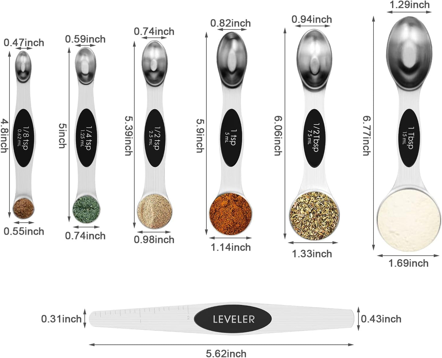 Aovchei 7 PCS Magnetic Measuring Spoons Set, Dual Sided, Stainless Steel Small Tablespoon, Teaspoons, Fits in Spice Jars, for Dry and Liquid, Black