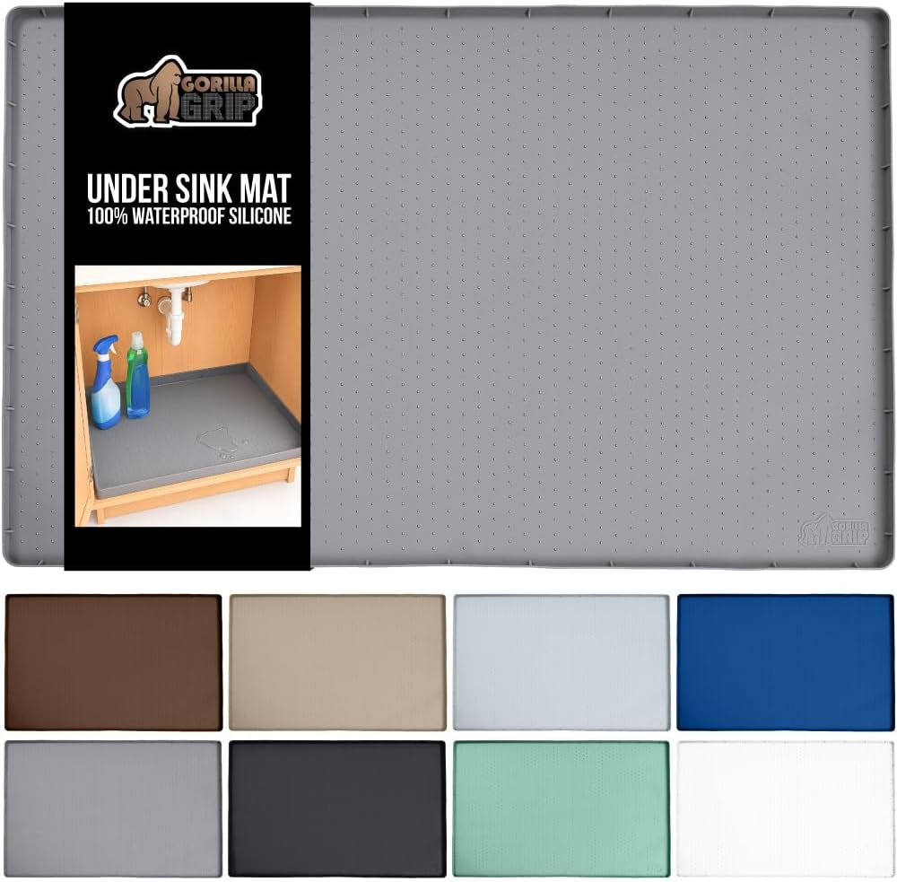 GORILLA GRIP Waterproof Silicone Under Sink Mat with Raised Lip for Kitchen and Bathroom, 31 x 22 in, Cabinet Shelf Liner Stay in Place Mats Dishwasher Safe Drawer Liner, Organizer Tray, Gray
