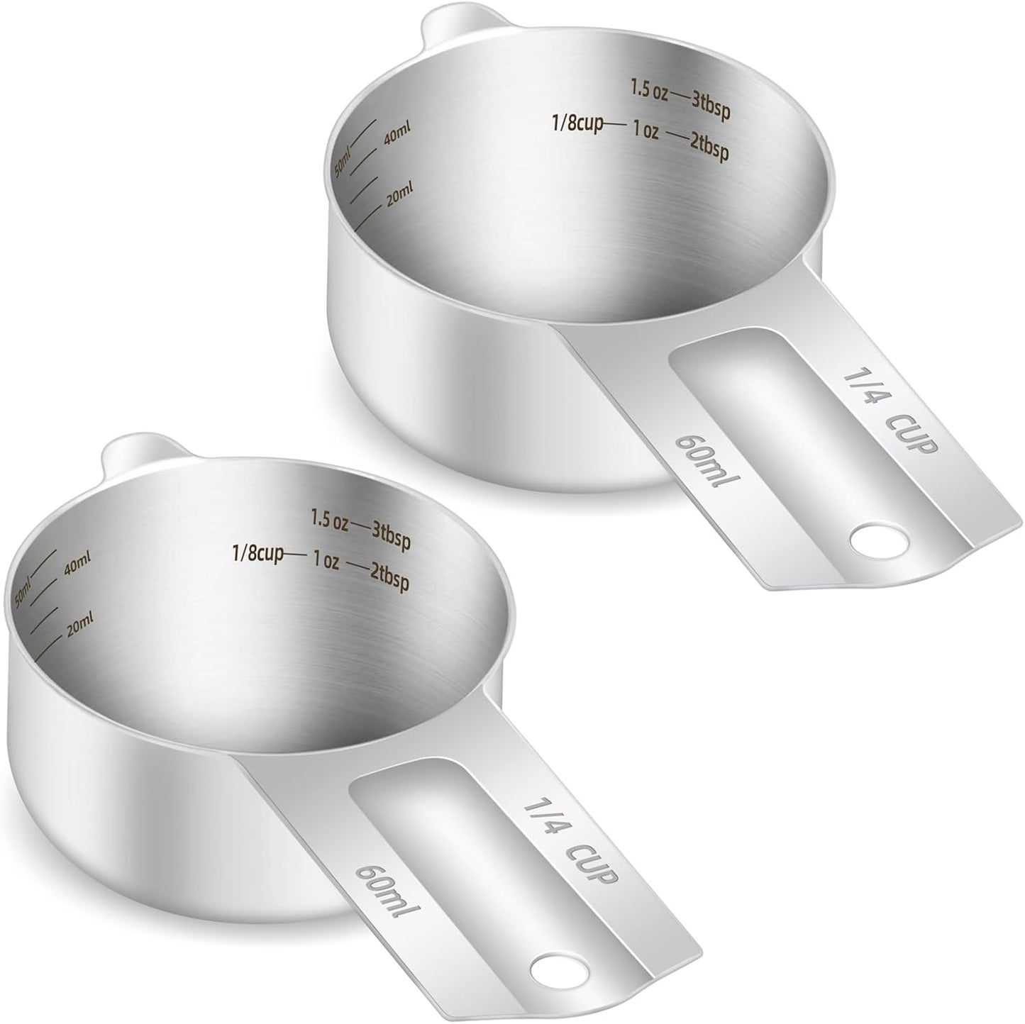 2PCS 1/4Cup (60ml, 2oz) Single Measuring Cup, Etched Inner Scale Stainless Steel Measure Scoop, Metric and US Measurement, Dishwasher Safe