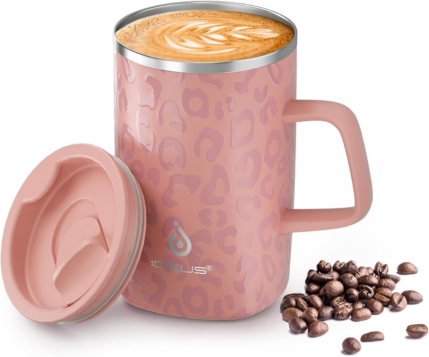 Ideus Vacuum Insulated Coffee Mug, 16oz Reusable Stainless Steel Thermal Double Walled cup with Handle and Slider Lid for Hot & Cold Beverages, BPA Free (Leapord Pink)